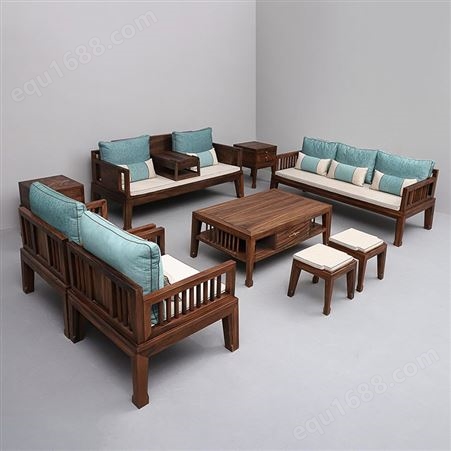 天一美家新中式会所家具轻奢实木布艺沙发客厅组合胡桃木整套