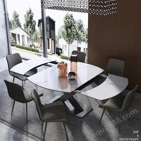 样板间家具大理石餐桌可伸缩折叠北欧简约岩板小户型旋转变形饭桌
