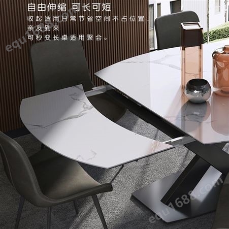 样板间家具大理石餐桌可伸缩折叠北欧简约岩板小户型旋转变形饭桌